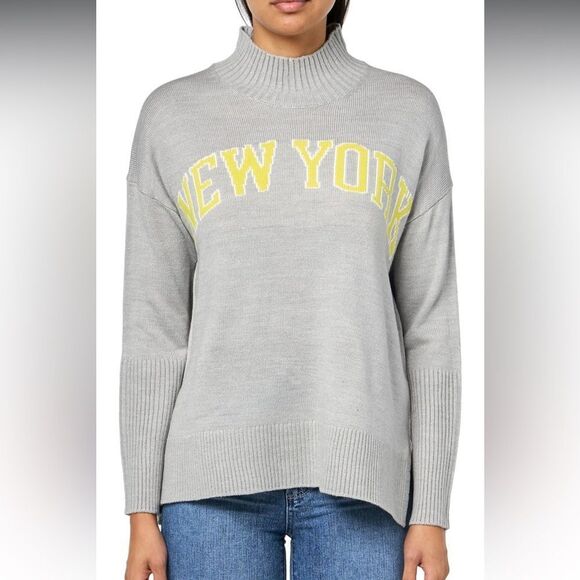 DKNY Gray Crewneck Sweater with BOLD yellow lettering and Ribbed Detailing - Picture 1 of 9